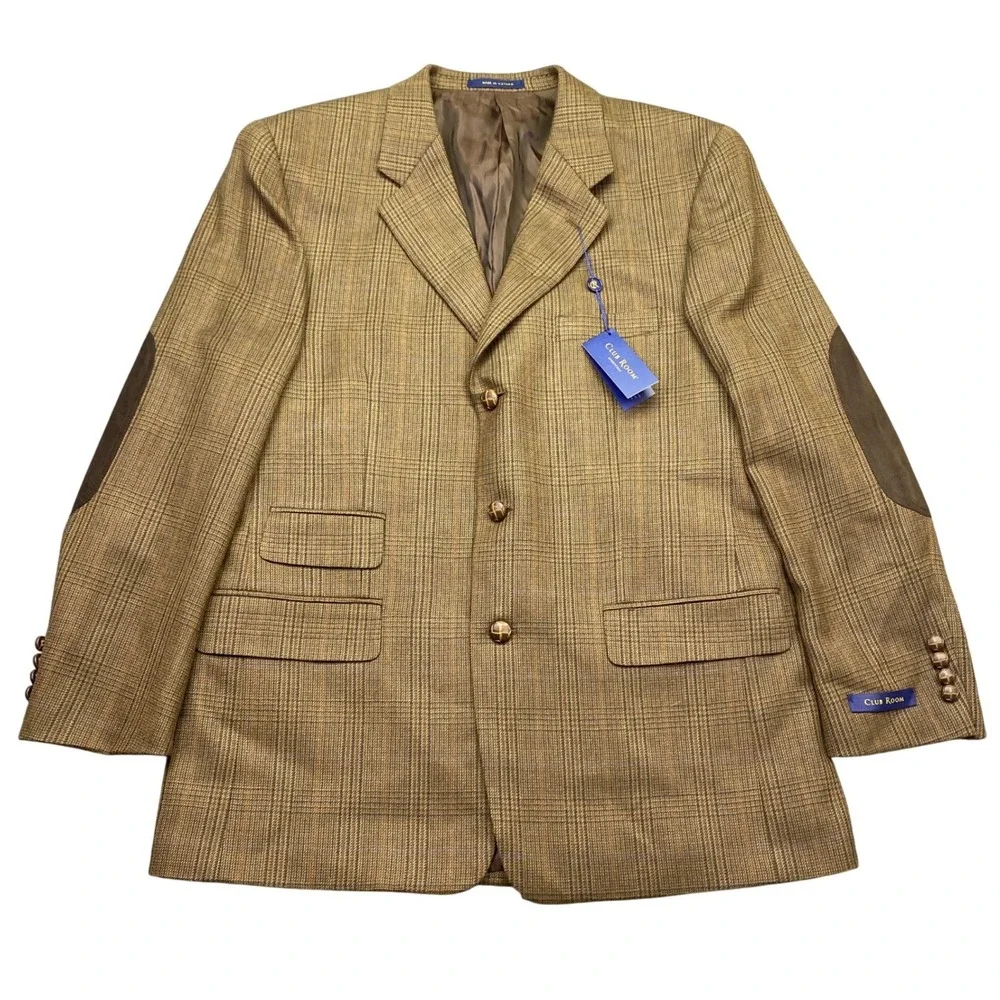 Club Room Mens 42R Wool Blazer Olive Glen Plaid Elbow Patches CF83B37503 NEW